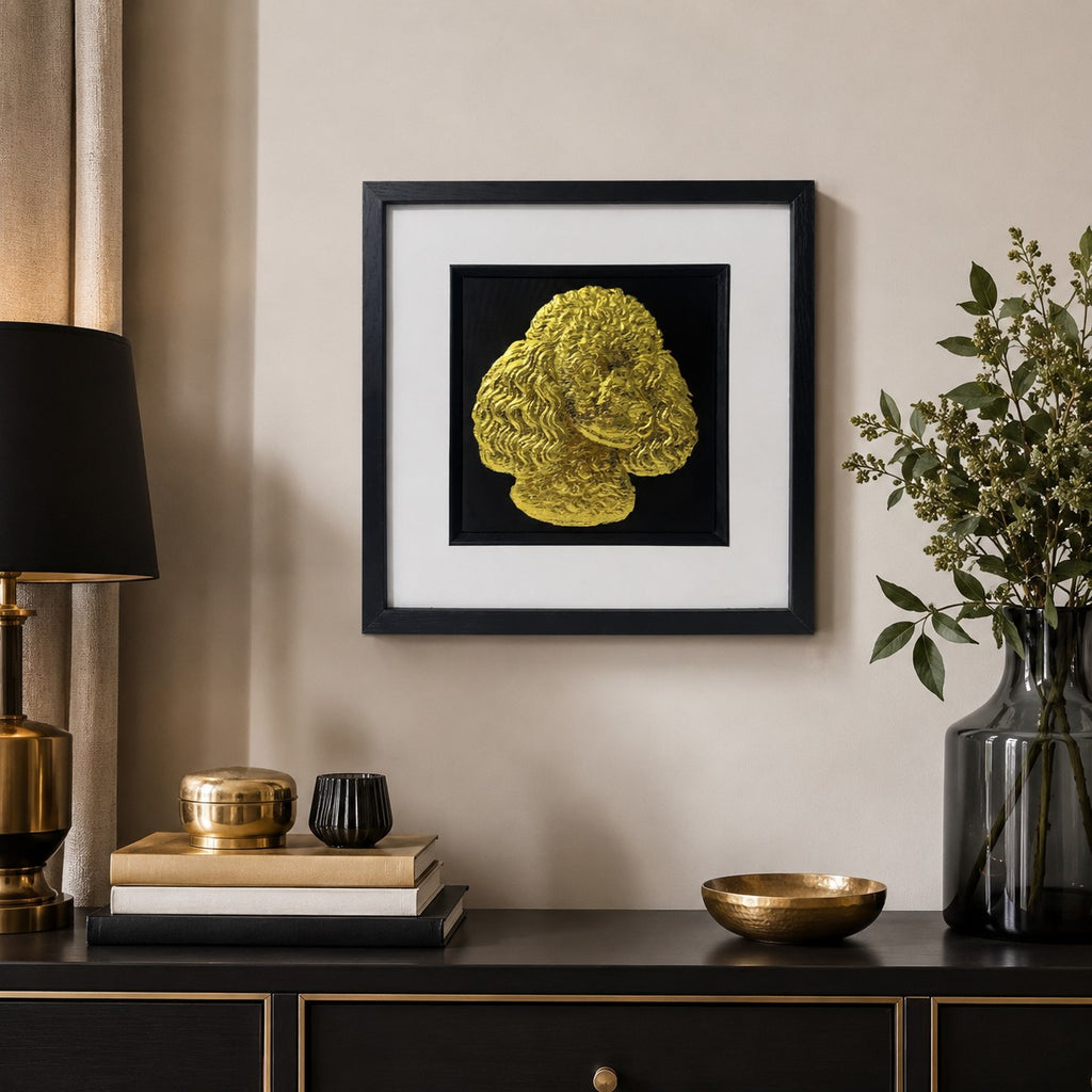 Poodle gold leaf framed dog wall art styled in an elegant neutral home interior with black frame, white mount, and luxury gold accents.