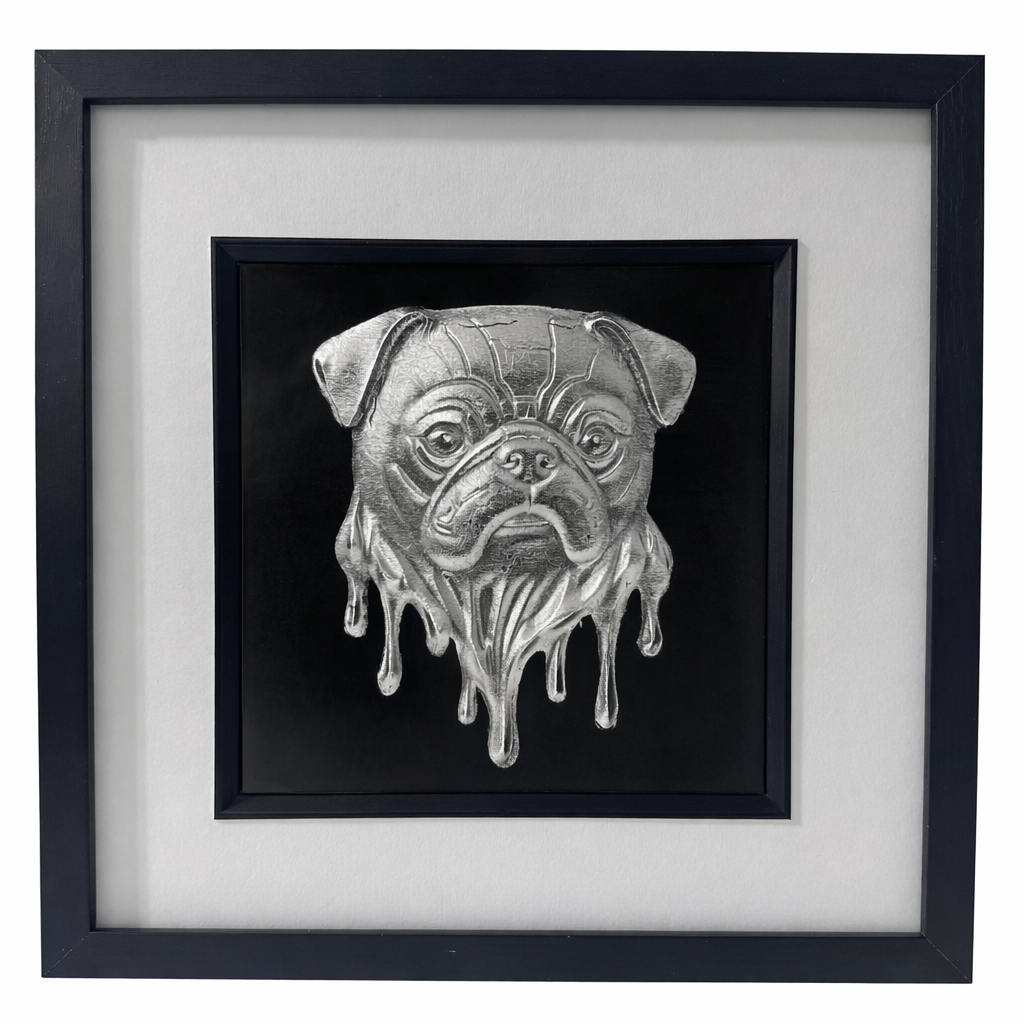 Molten Pug framed wall art in silver leaf shown front on with black frame white mount and black background