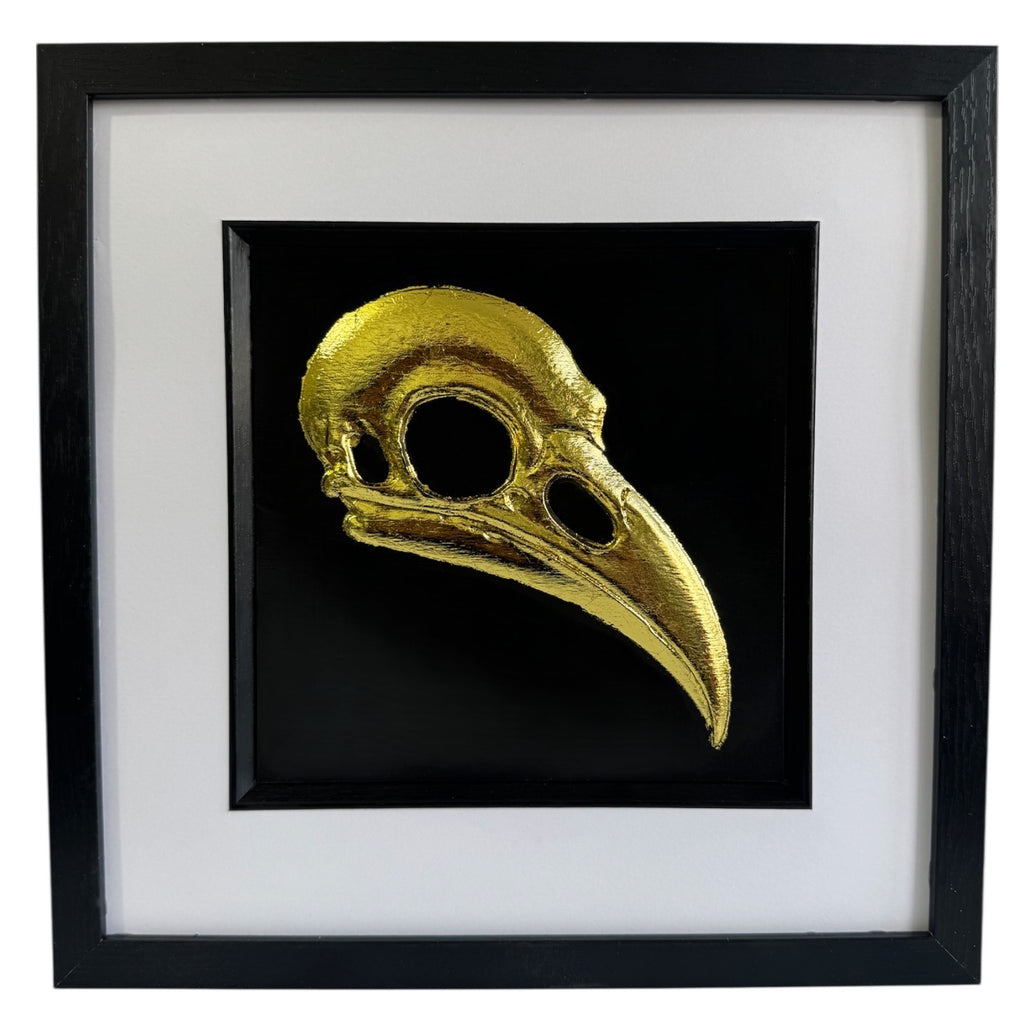 Framed raven skull wall art shown straight on with gallery-style mount