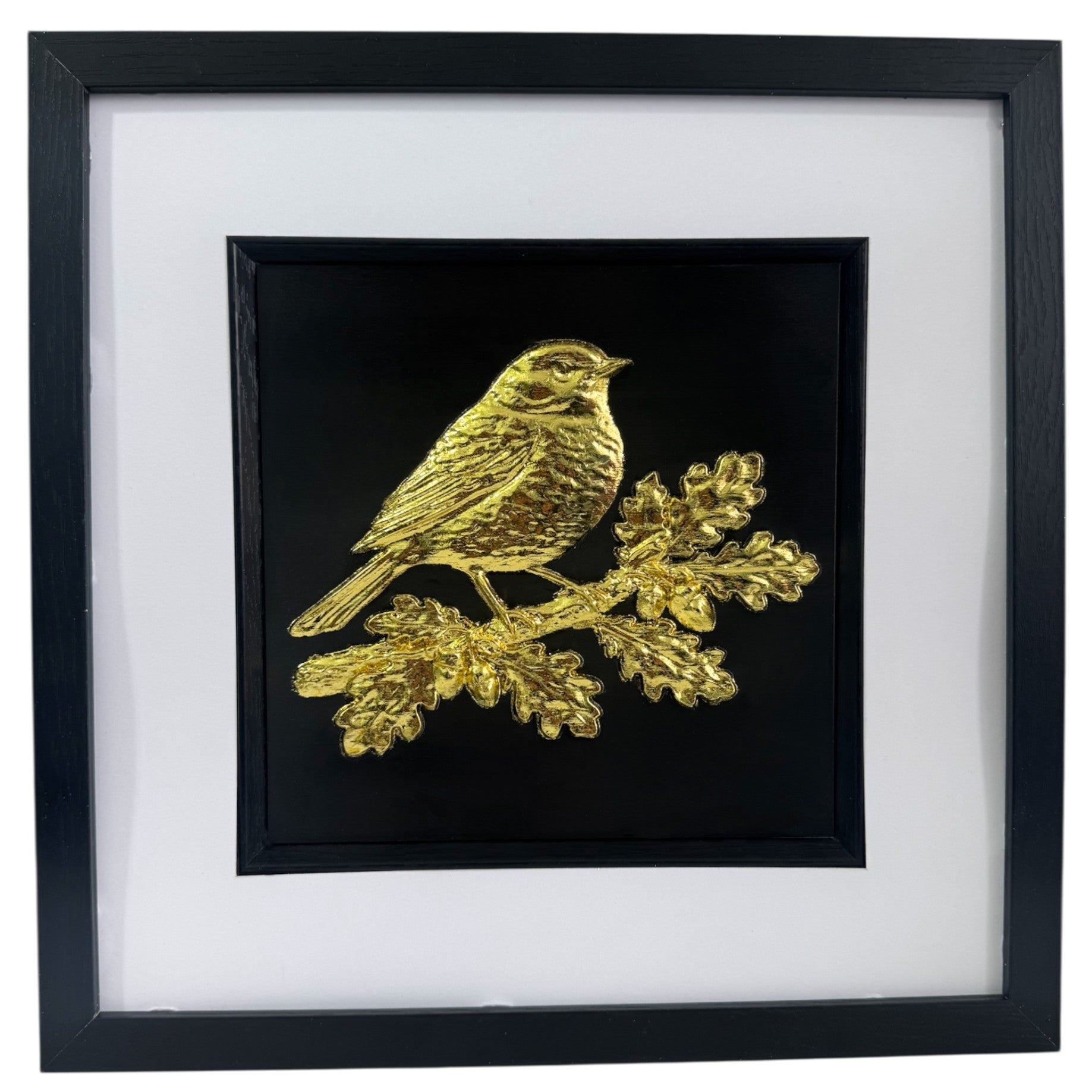 Gold leaf robin wall art perched on an oak branch in black frame with white mount, 33 x 33 cm