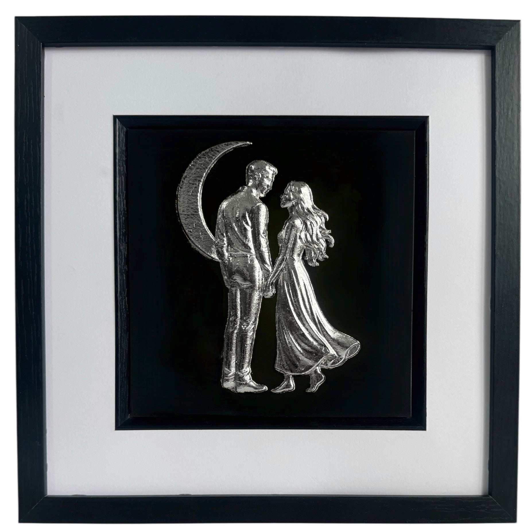 Front-facing silver leaf romantic couple under the moon framed wall art with white mount