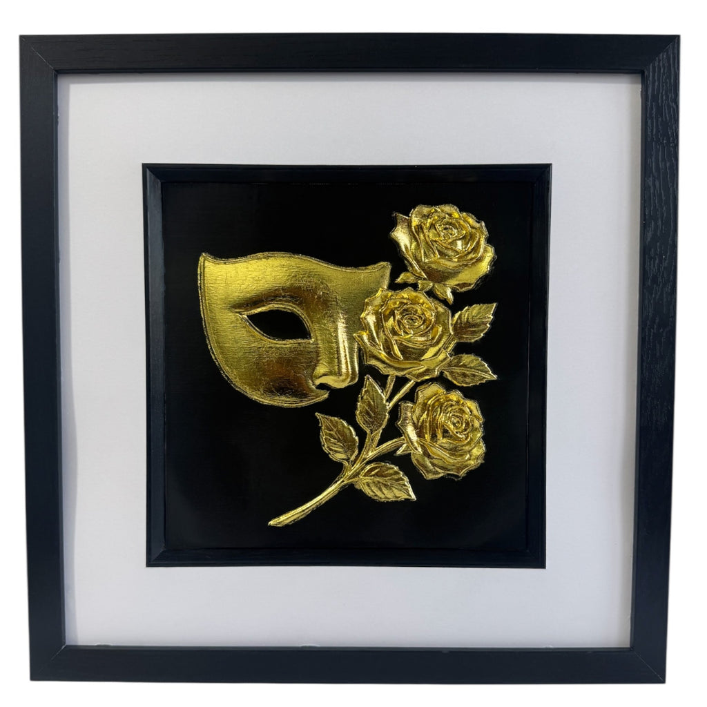 Masquerade mask and roses framed wall art in gold leaf with black wooden frame white mount and black background