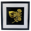 Masquerade mask and roses framed wall art in gold leaf with black wooden frame white mount and black background