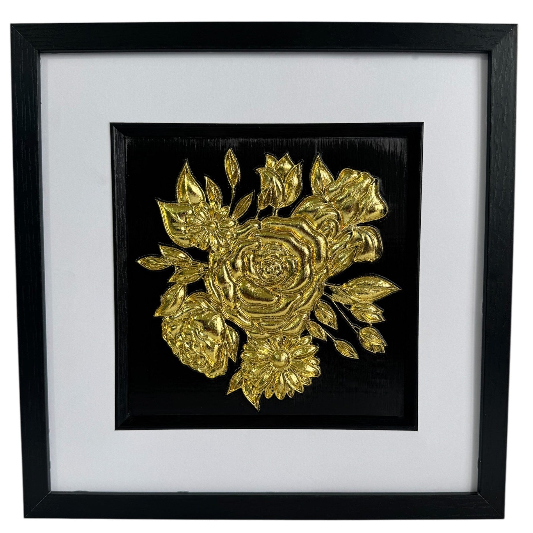 Front view of framed gold-finish floral bouquet relief with wide white mount and black box frame.