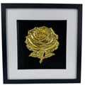 Front-on product photo of framed Gold Leaf rose relief centred on black surround, with wide white mount and black square frame.
