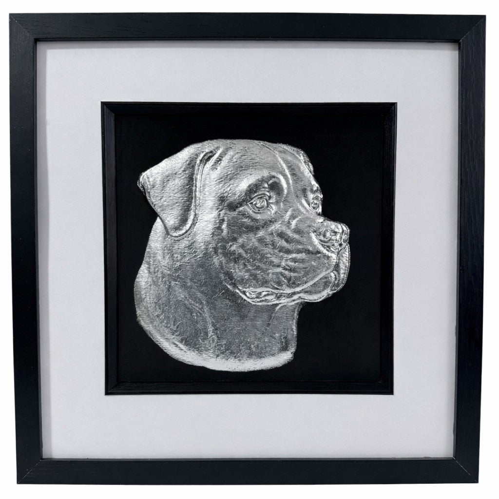 Silver rottweiler mounted in premium frame on white background