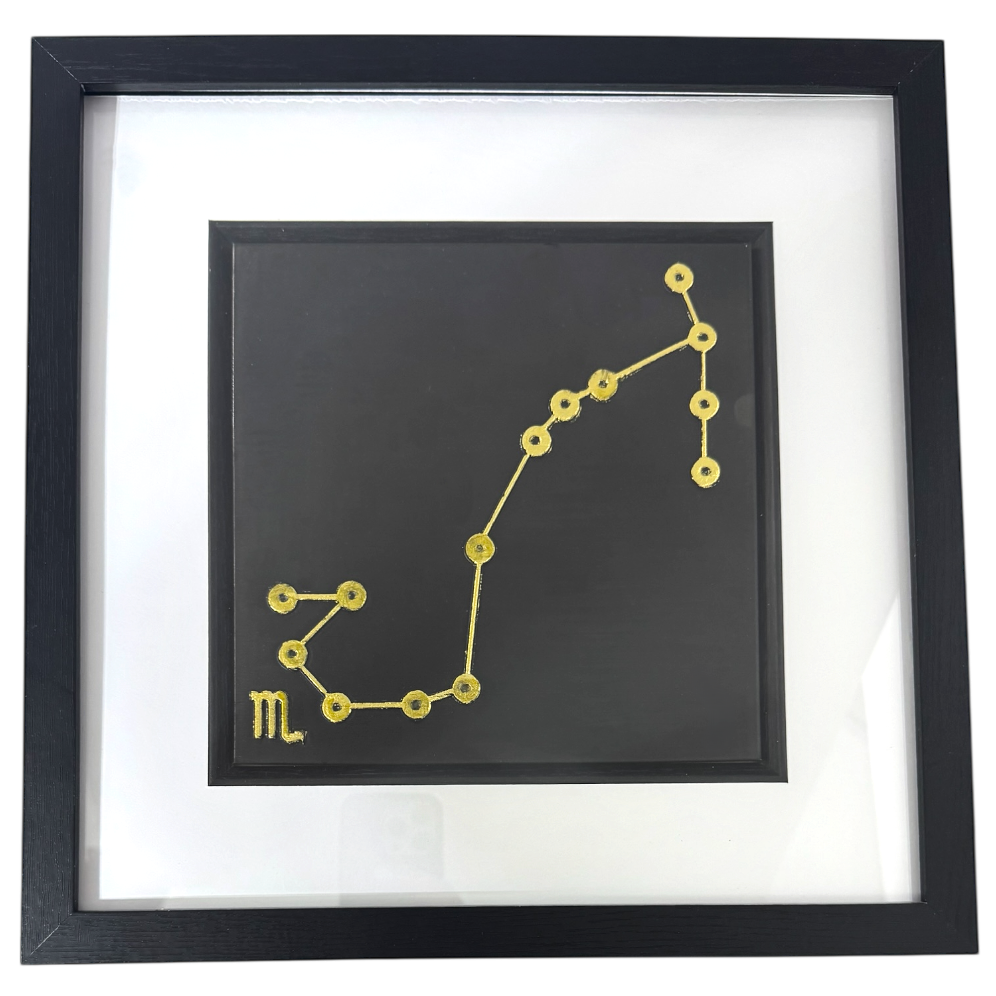 Gold Scorpio constellation wall art on black background with white mount
