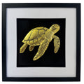 Gold framed sea turtle relief on a black background with a wide white mount and black inner surround