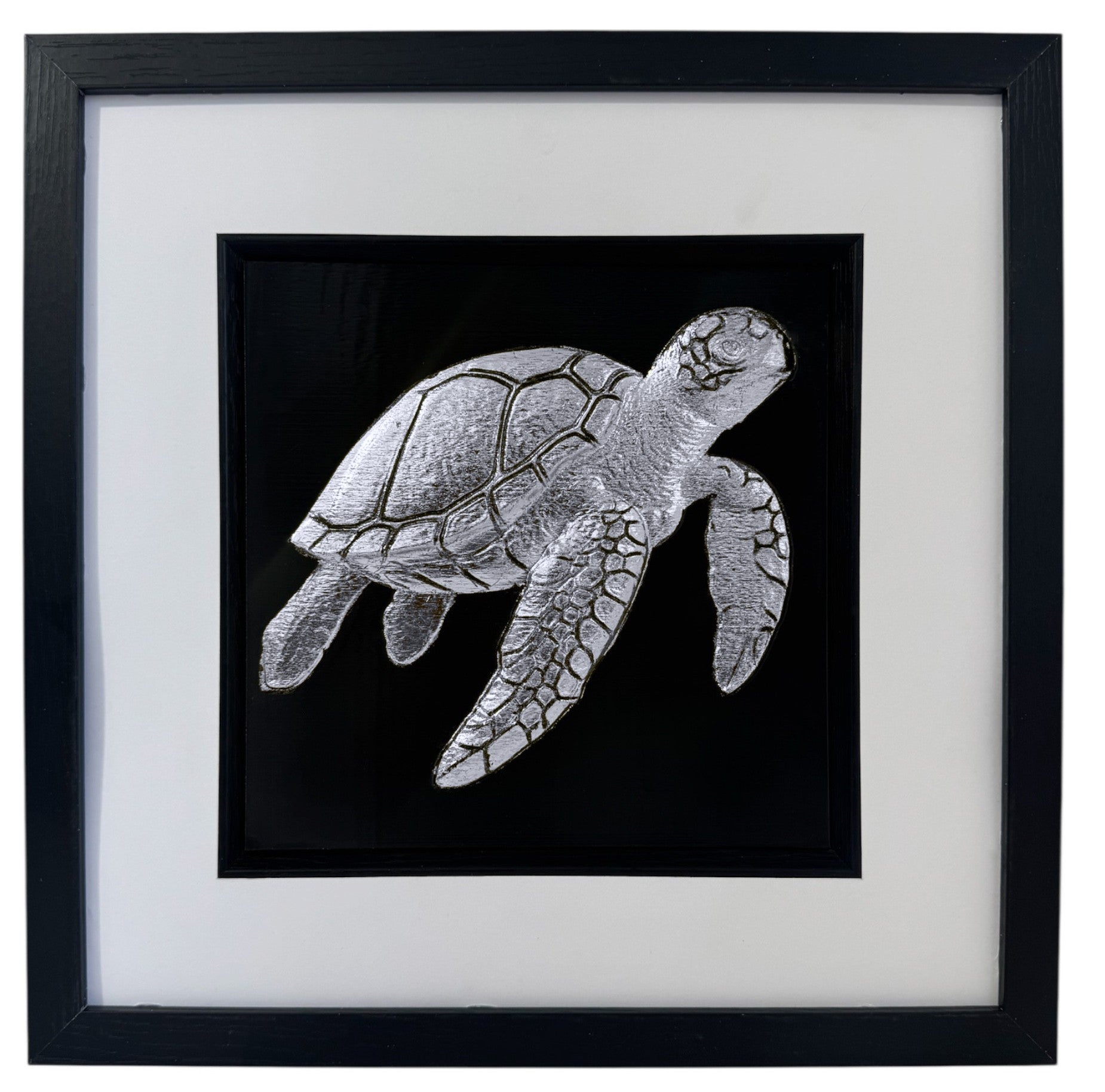 Silver framed sea turtle relief on a black background with a wide white mount and black inner surround