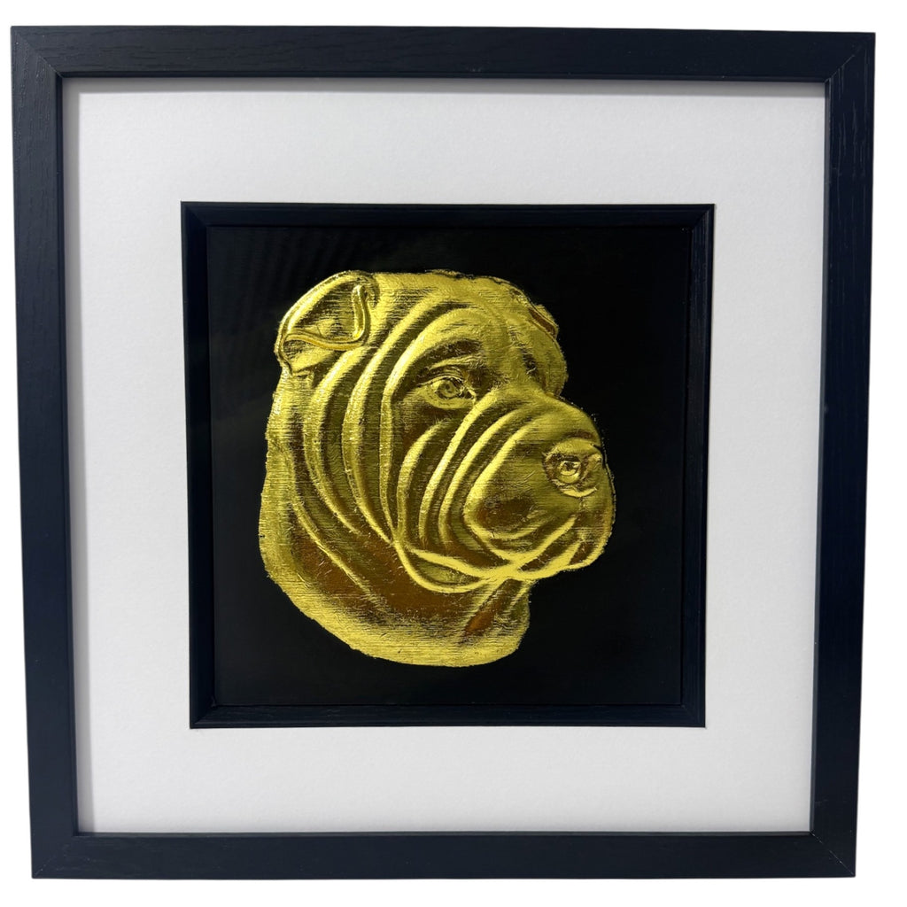 Shar Pei gold leaf framed wall art shown front on with black wooden frame white mount and black background