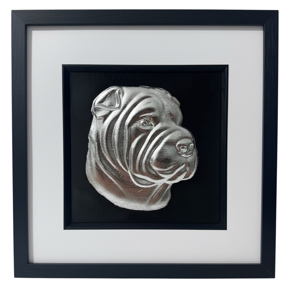 Shar Pei framed wall art in silver leaf shown front on with black wooden frame white mount and black background