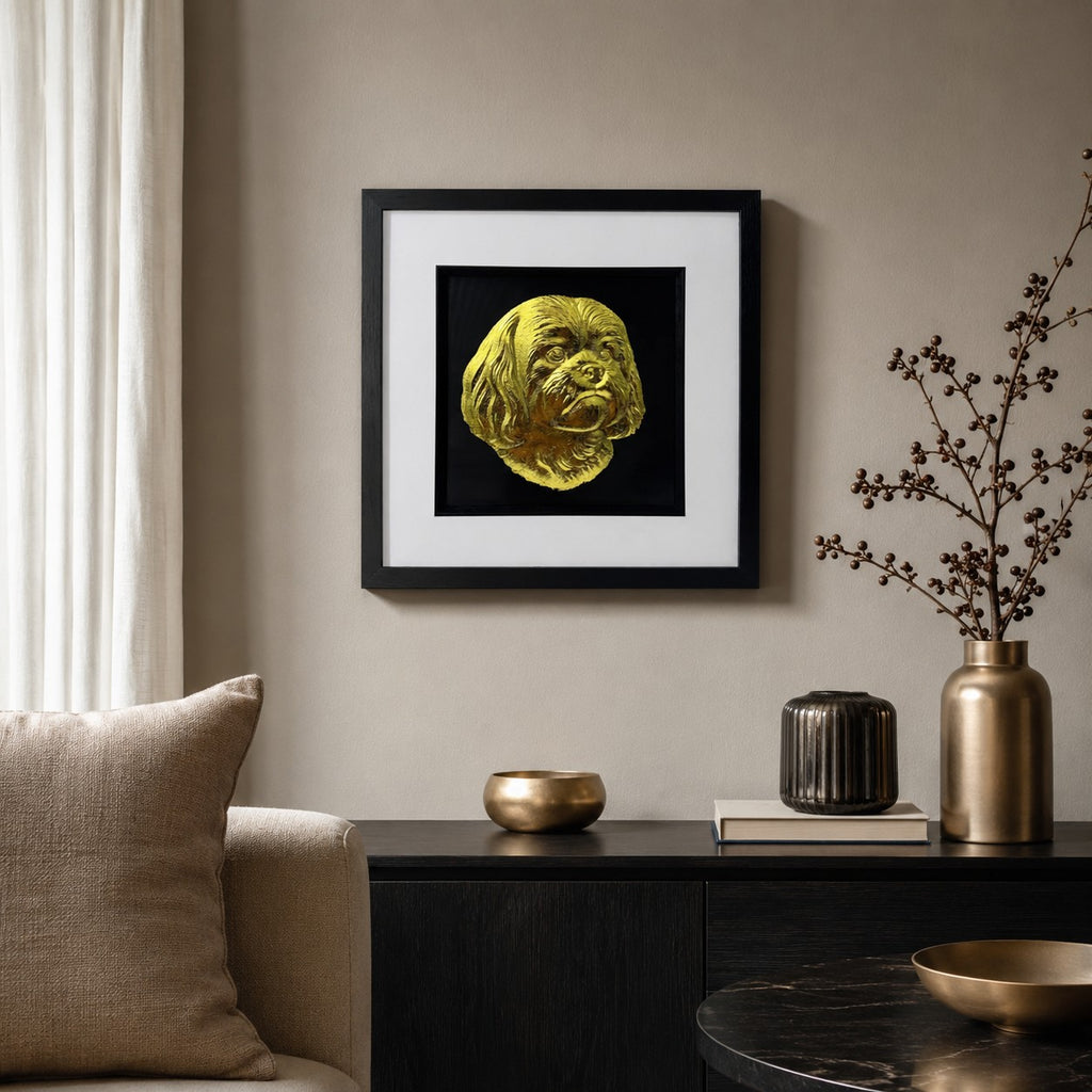 Shih Tzu gold leaf framed dog wall art displayed in a modern neutral home interior with black frame, white mount, black background, and warm gold accents.