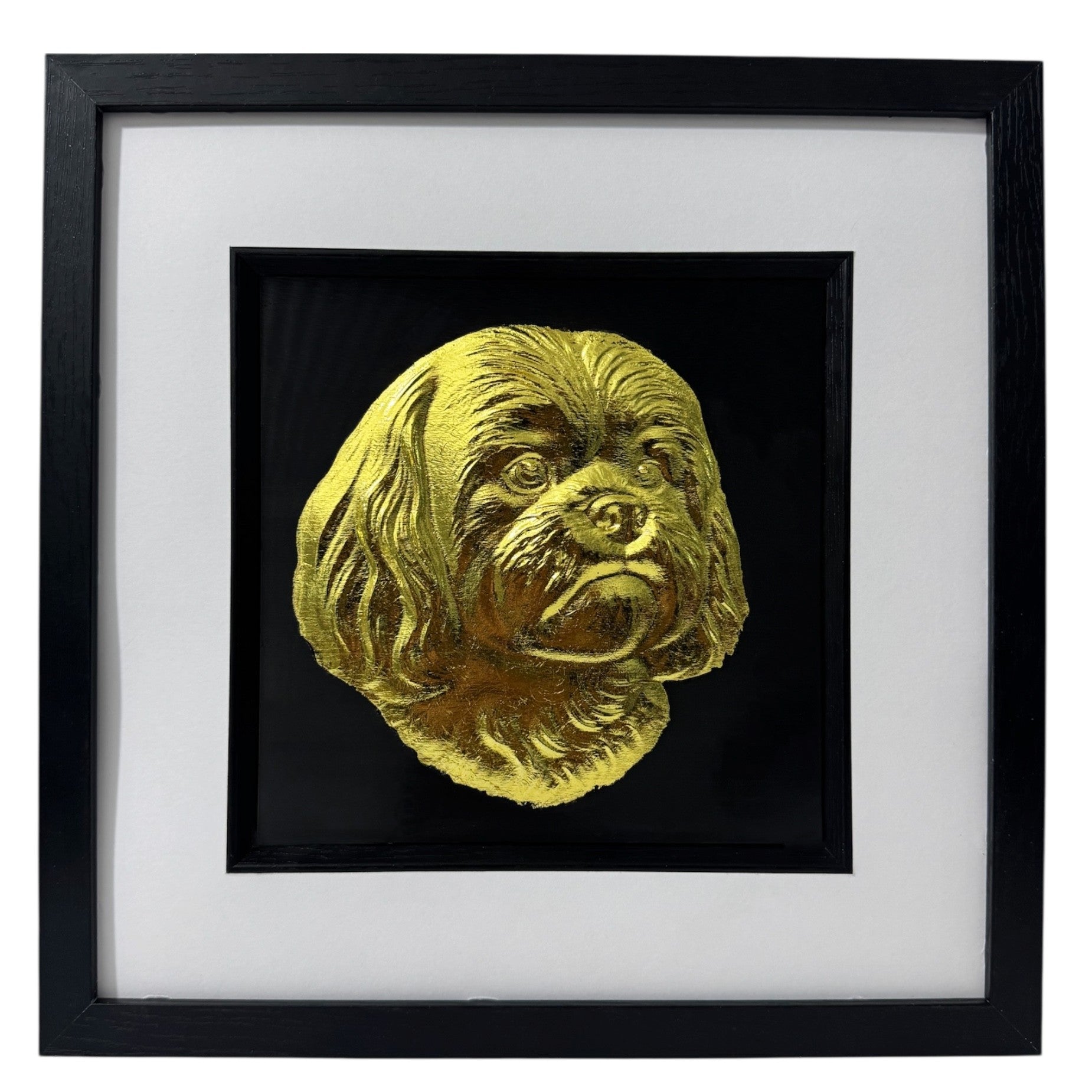 Shih Tzu framed wall art 3d in gold leaf shown front on with black wooden frame white mount and black background
