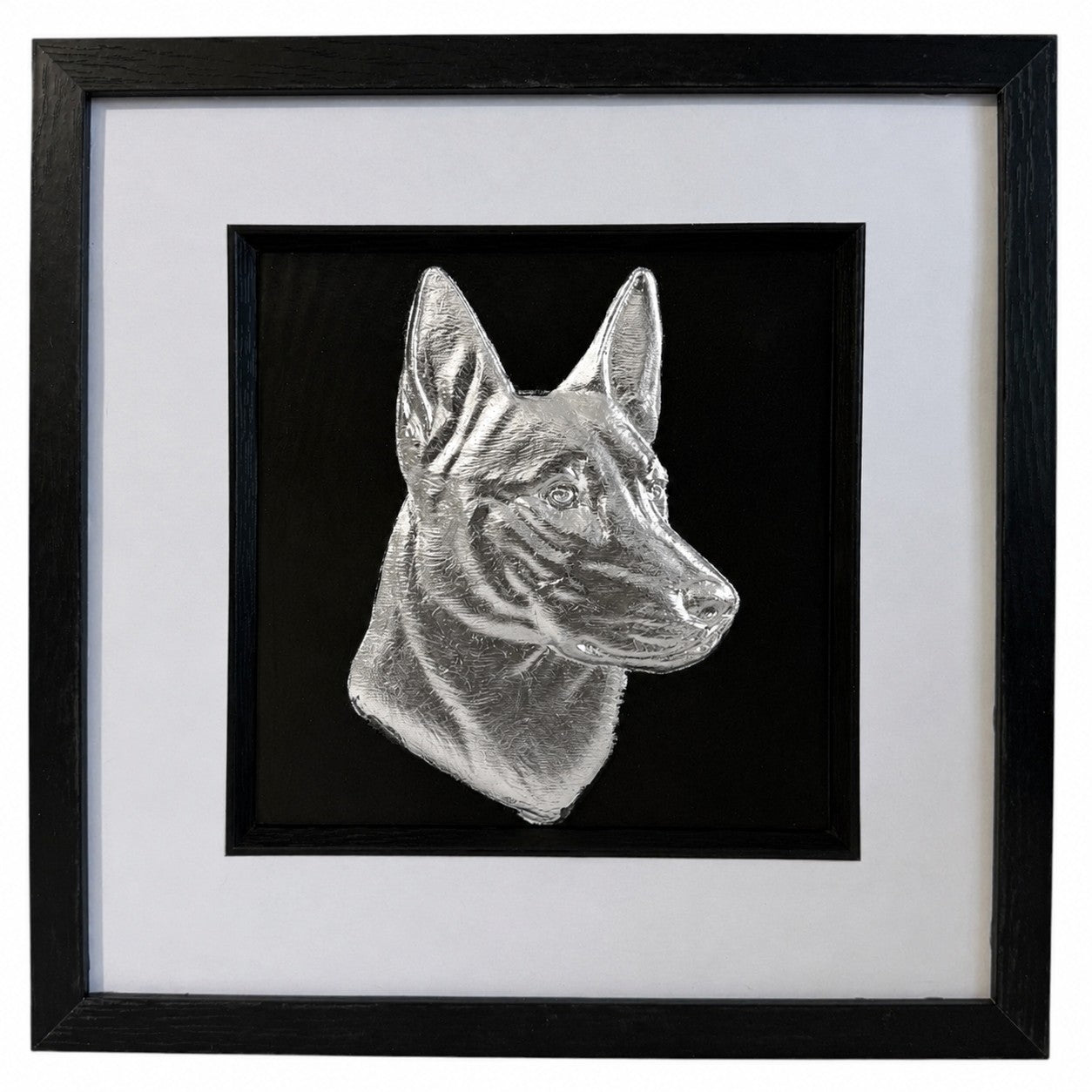 Silver Belgian Malinois framed dog wall art displayed on a black background with a white mount and black frame, designed as a premium pet portrait gift.
