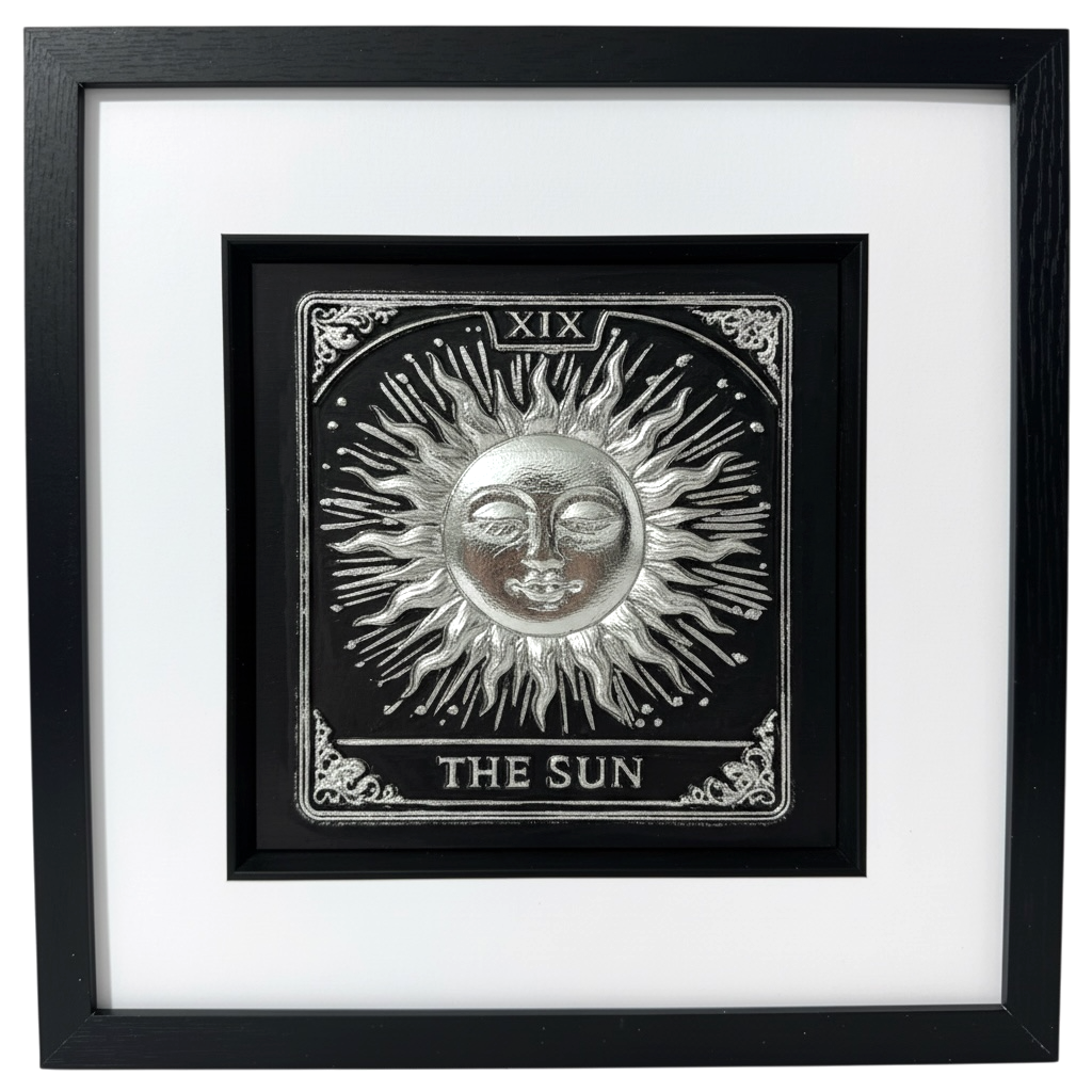 Front view of a 3D Silver Leaf The Sun Tarot card framed artwork with a black frame and white mount, showing raised texture.