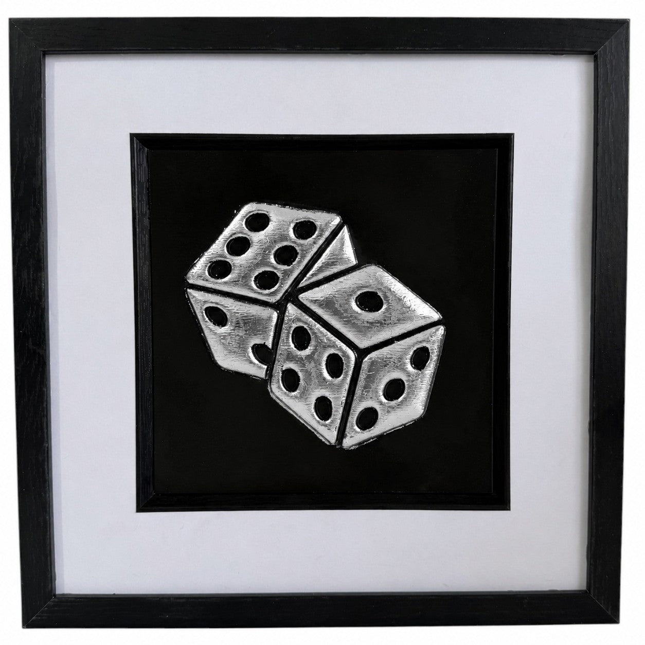 Framed silver leaf dice wall art with two raised dice on a black background, finished with a white mount and black frame.