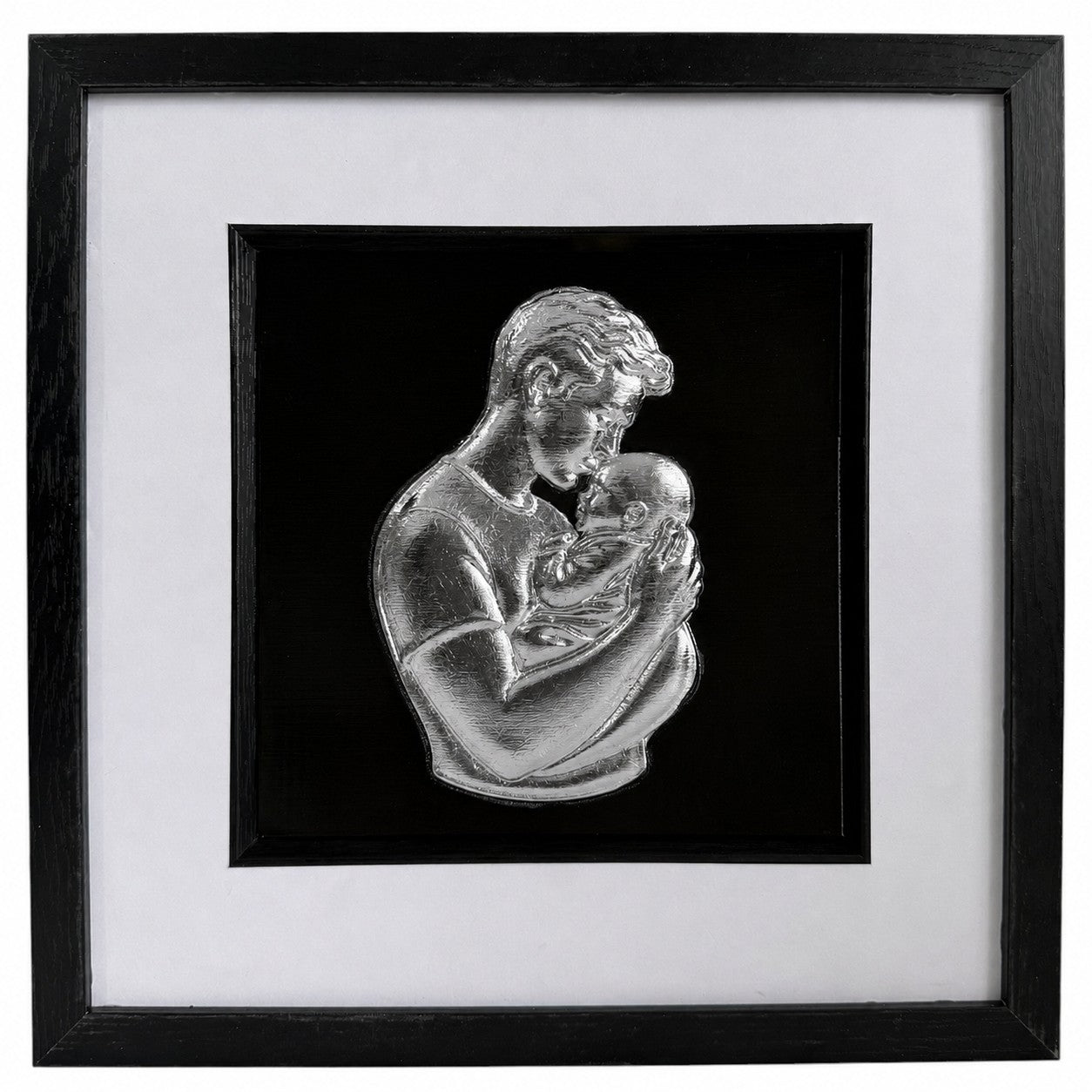 Silver father and baby raised relief artwork with glass front, black centre panel and wide white mount.