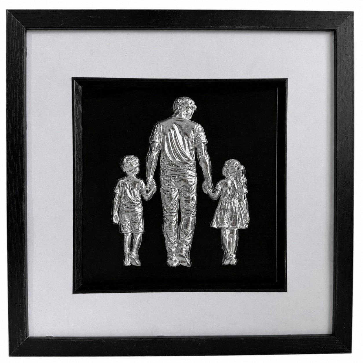 Silver father, son and daughter raised relief artwork with glass front, black centre panel and wide white mount.