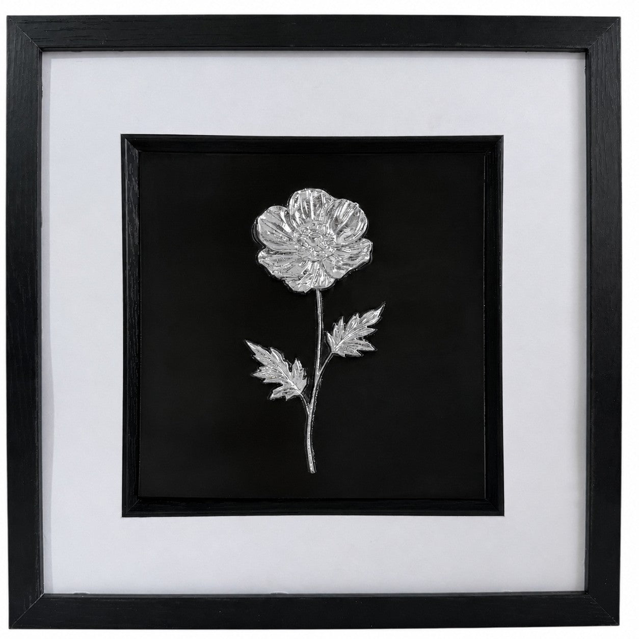 Silver framed flower wall art with raised single wildflower, black centre, white mount and black square frame.