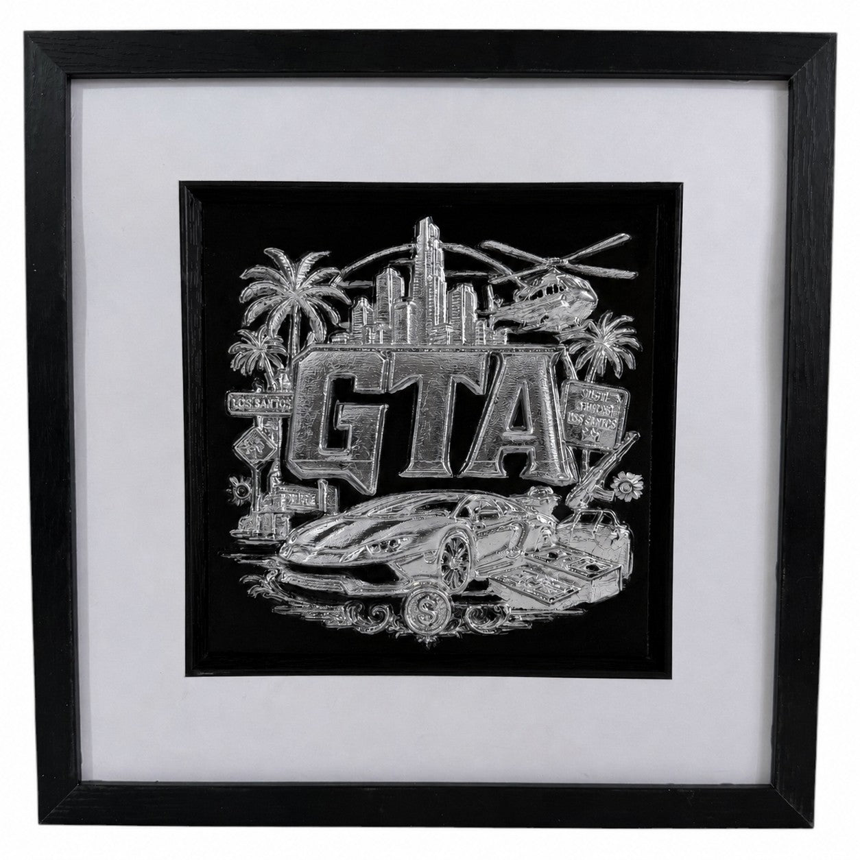 Silver finish framed grand theft auto inspired 3D gaming artwork with glass front, white mount, black inner surround and black square frame.