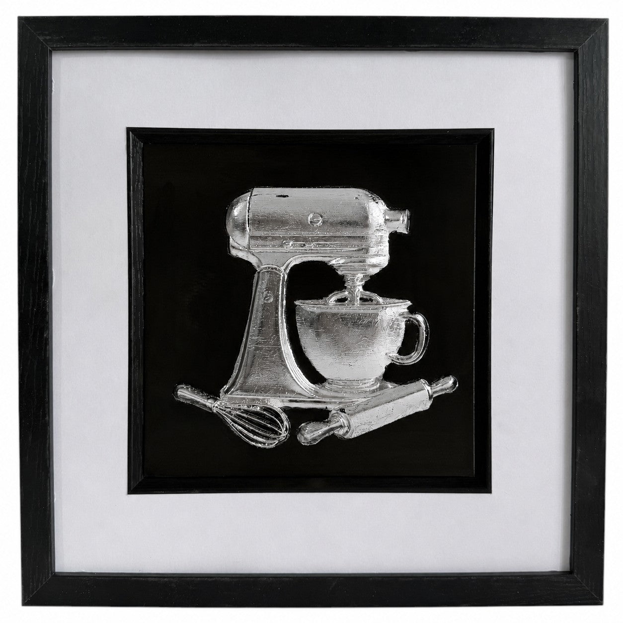 Silver stand mixer baking relief artwork in a black square frame with white mount and black inner surround.