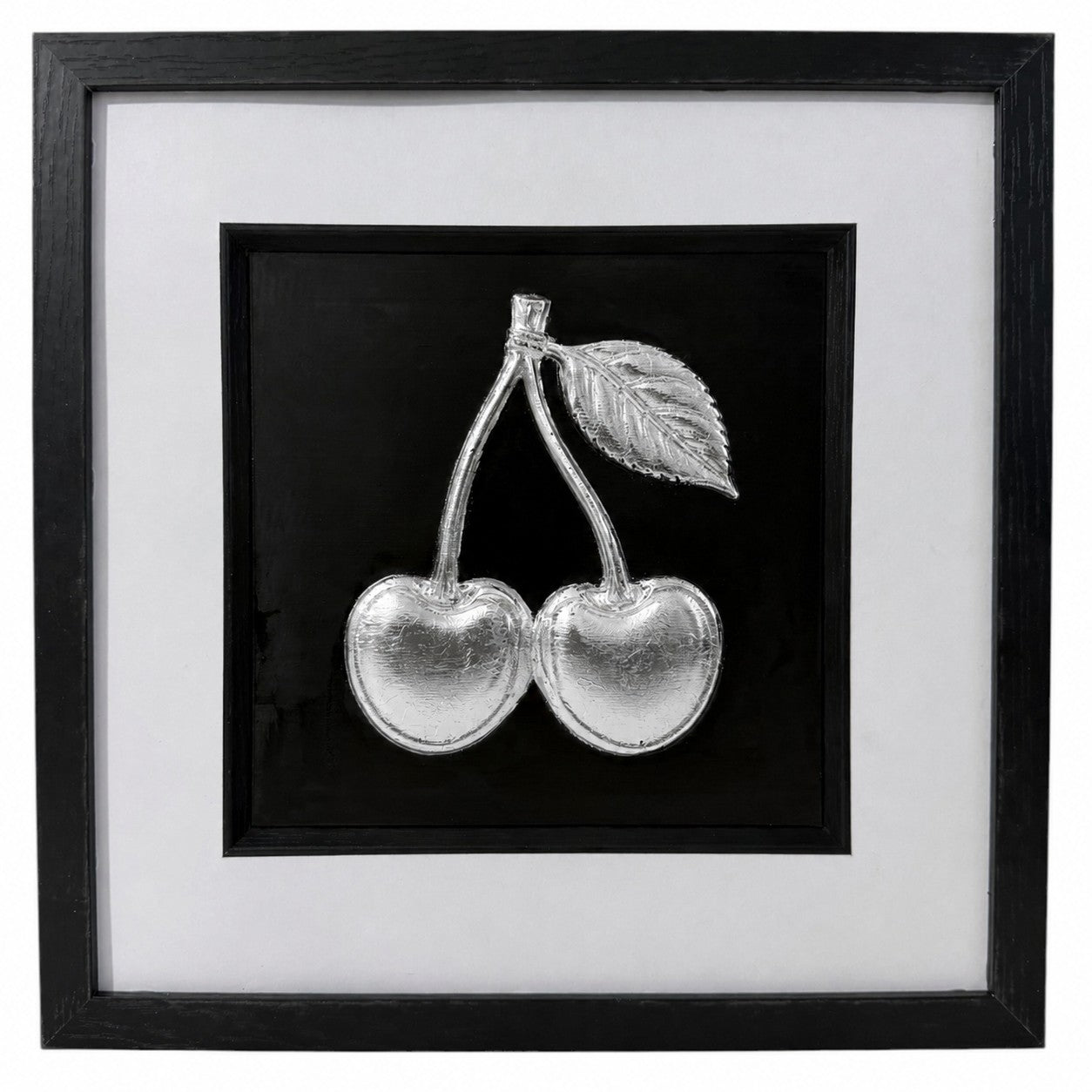 Silver cherry 3D framed artwork with glass front, black centre panel, white mount and black outer frame.