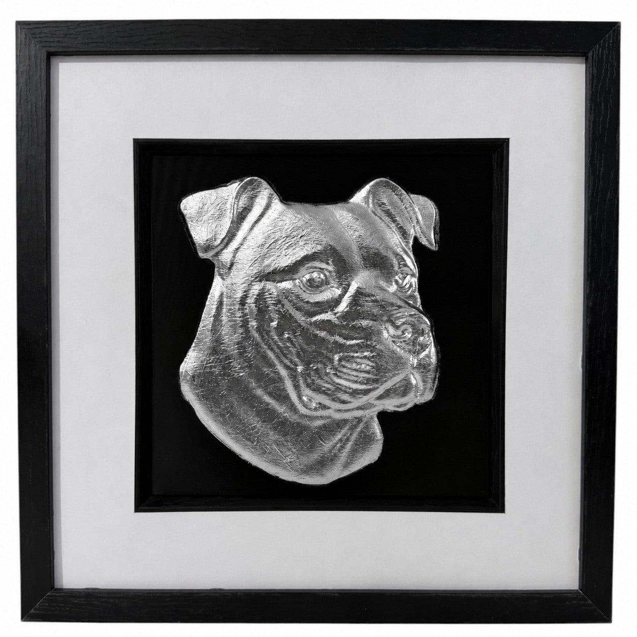 Framed silver leaf XL Bully dog portrait 3D wall art with raised dog head design, black background, white mount and black frame.