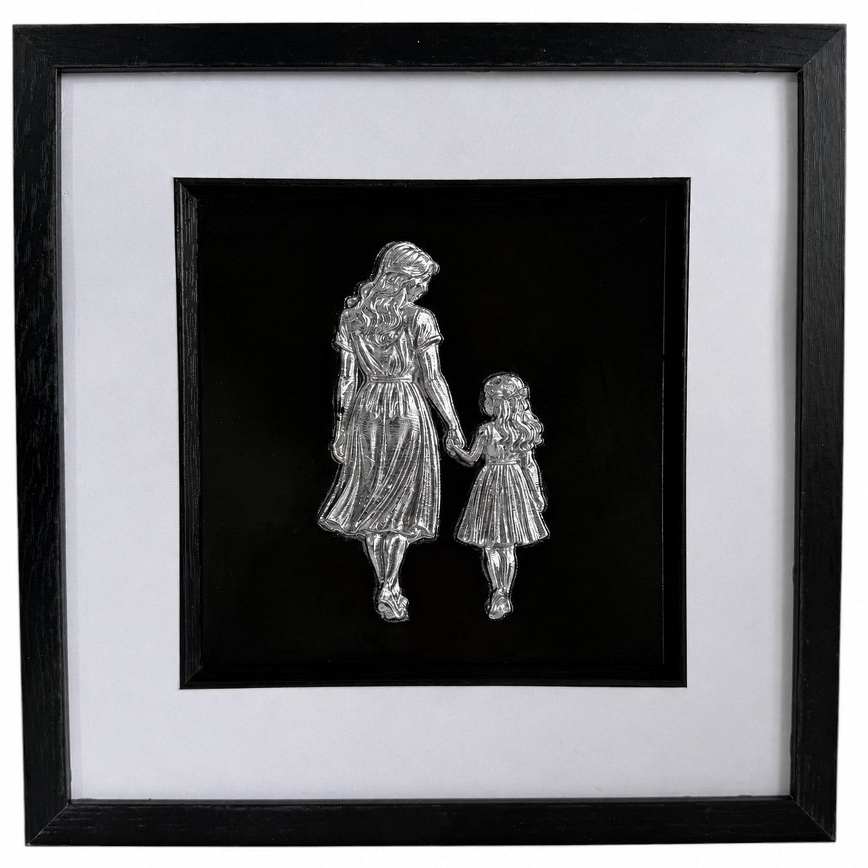 Silver mother and daughter 3D relief artwork in black frame with white mount and black background.