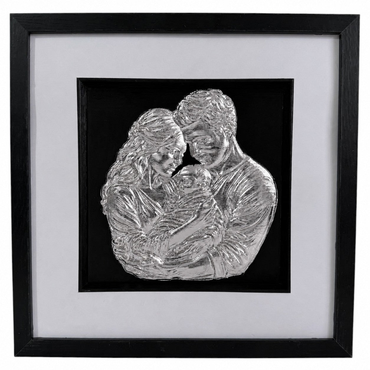 Silver finish framed 3D mum dad and baby artwork with black background, white mount and black square frame.