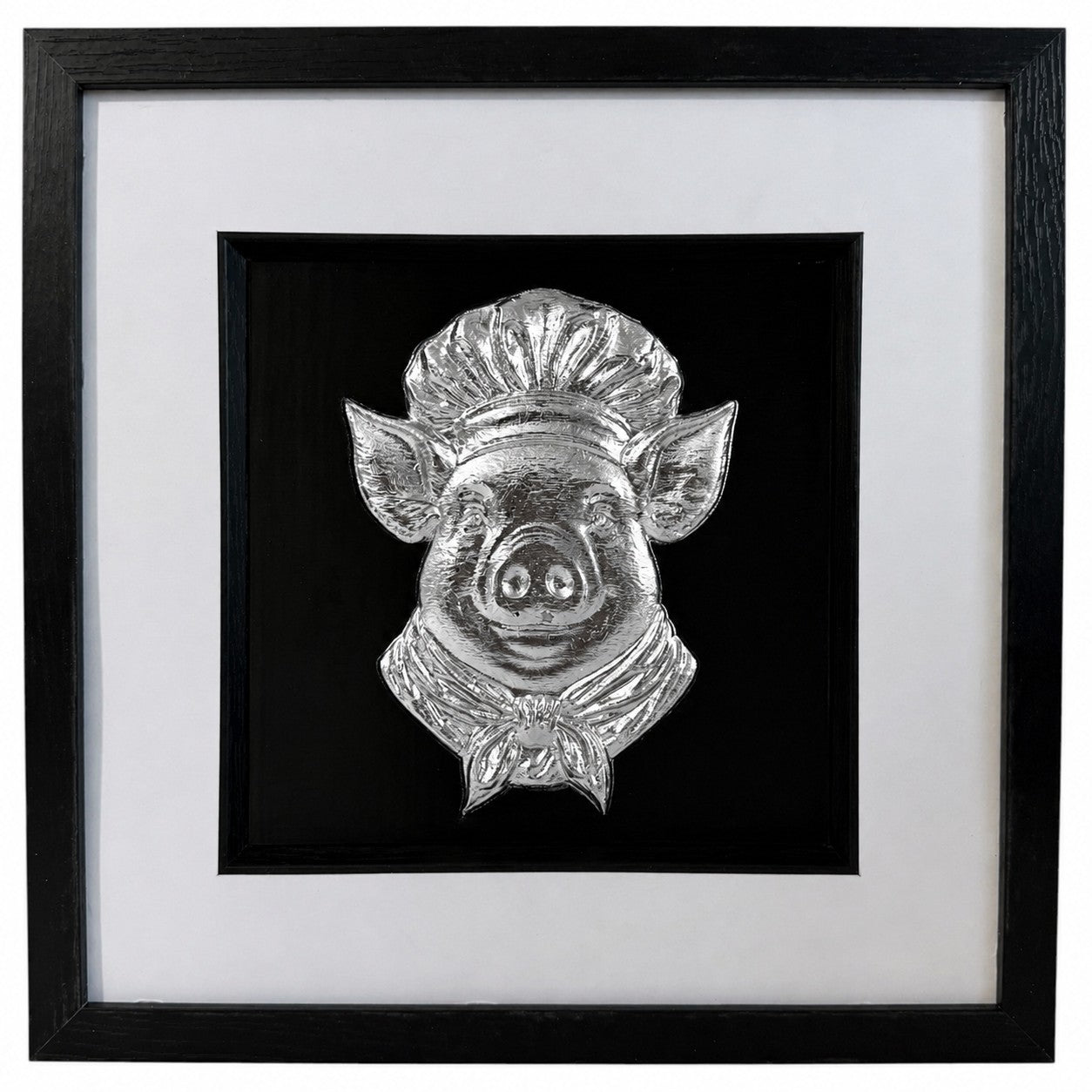Silver pig chef raised relief framed with white mount, black inner surround and black square frame