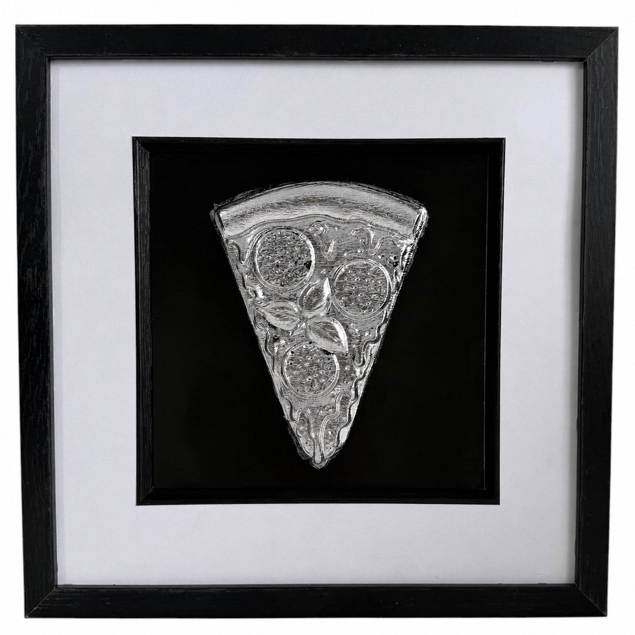 Silver pizza slice 3D relief artwork in black frame with white mount and black centre panel.