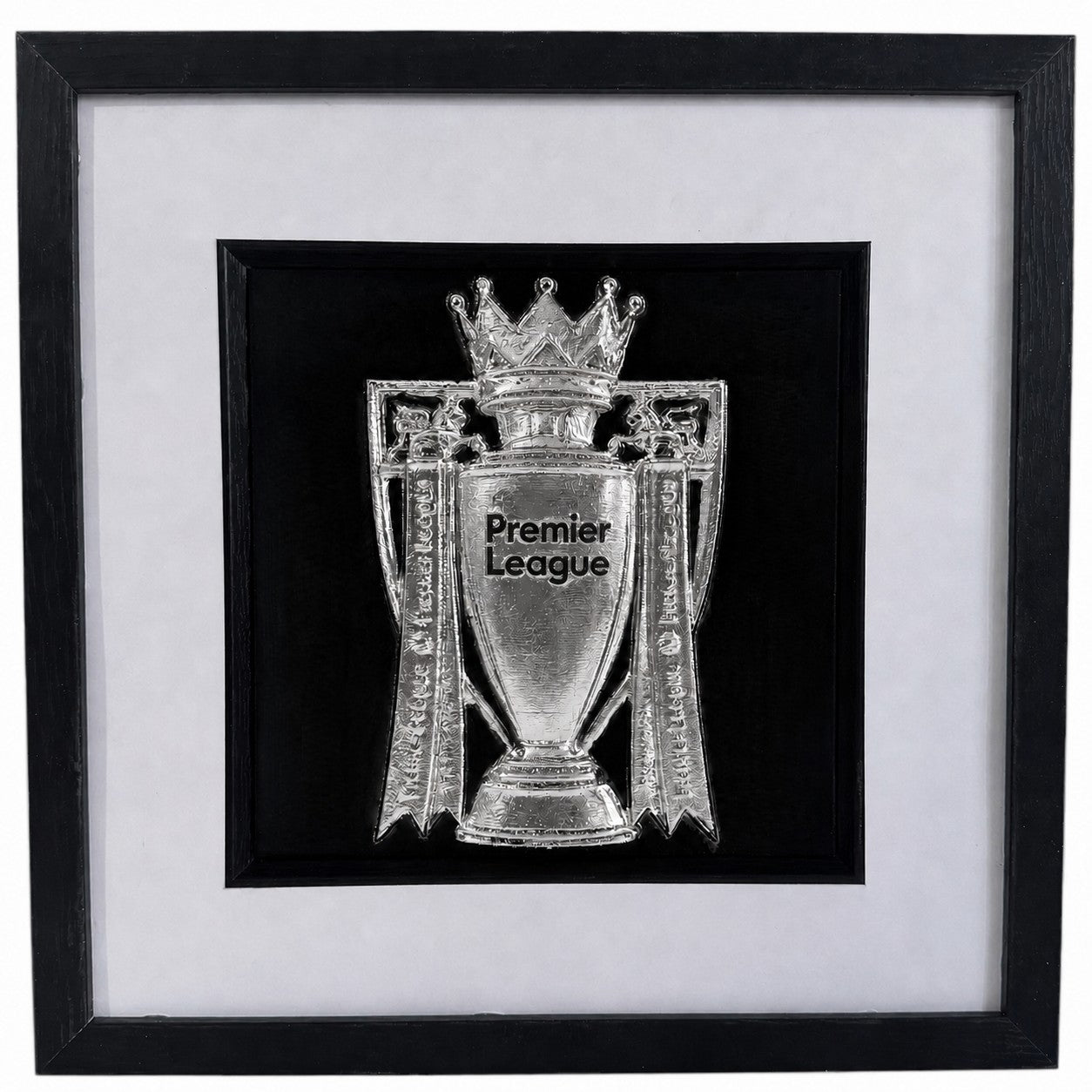 Silver Premier League trophy framed 3D relief artwork with black inner surround, white mount and glass front
