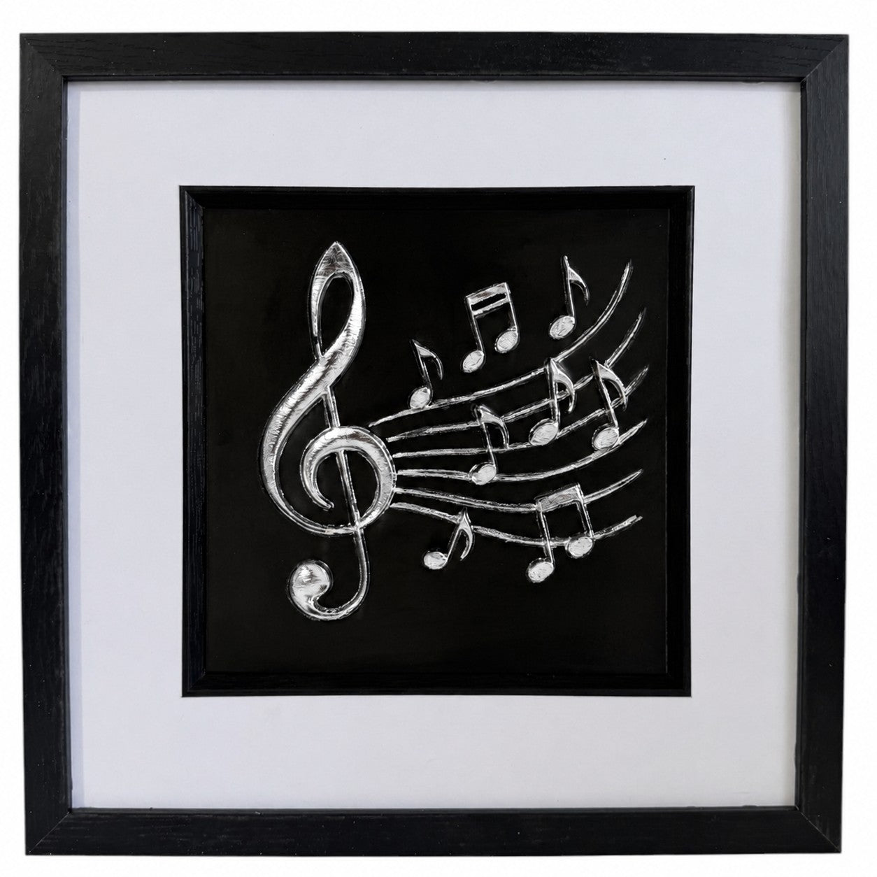 Silver treble clef and musical notes raised relief in a black square frame with white mount and black inner surround