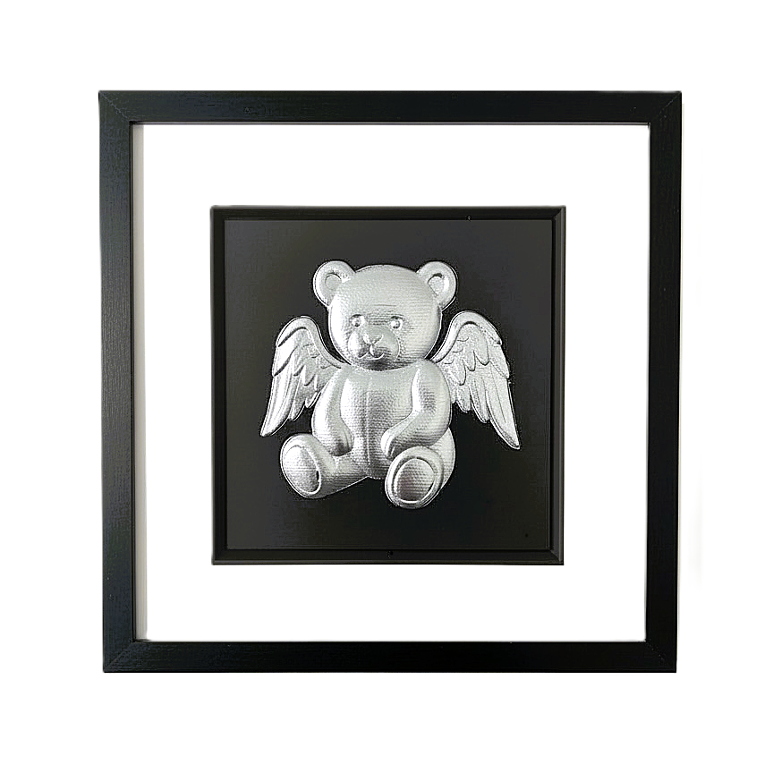 Angel teddy bear silver leaf framed wall art front view
