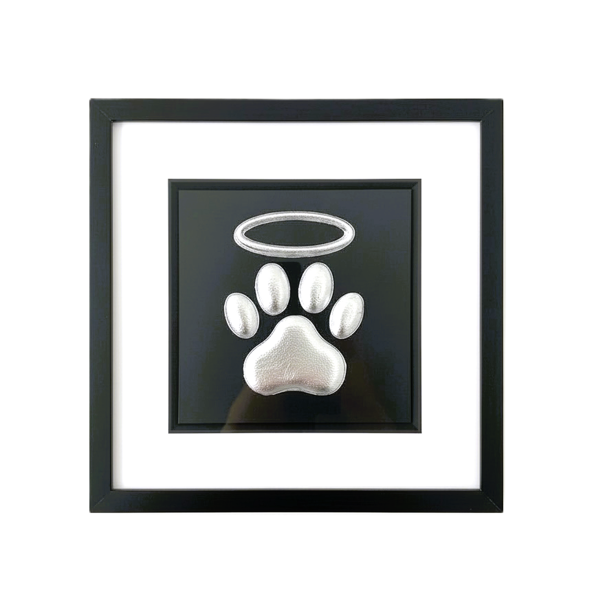 Silver leaf dog paw print with halo memorial artwork in black frame