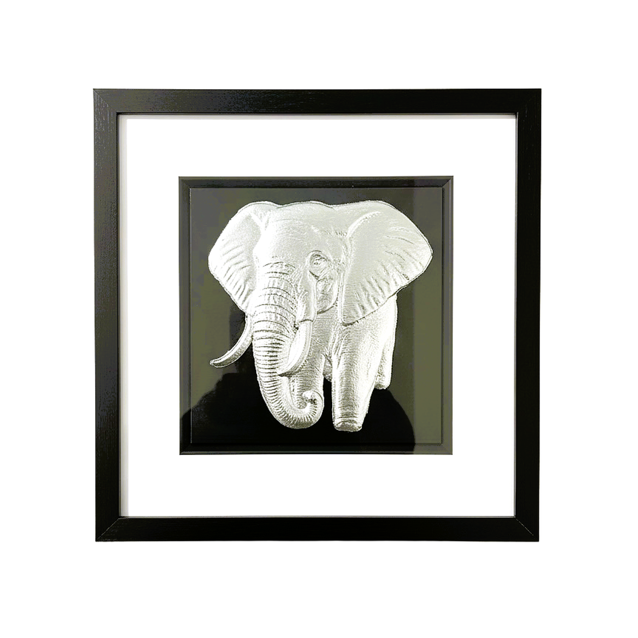 Silver elephant wall art framed in black with white mount on black background
