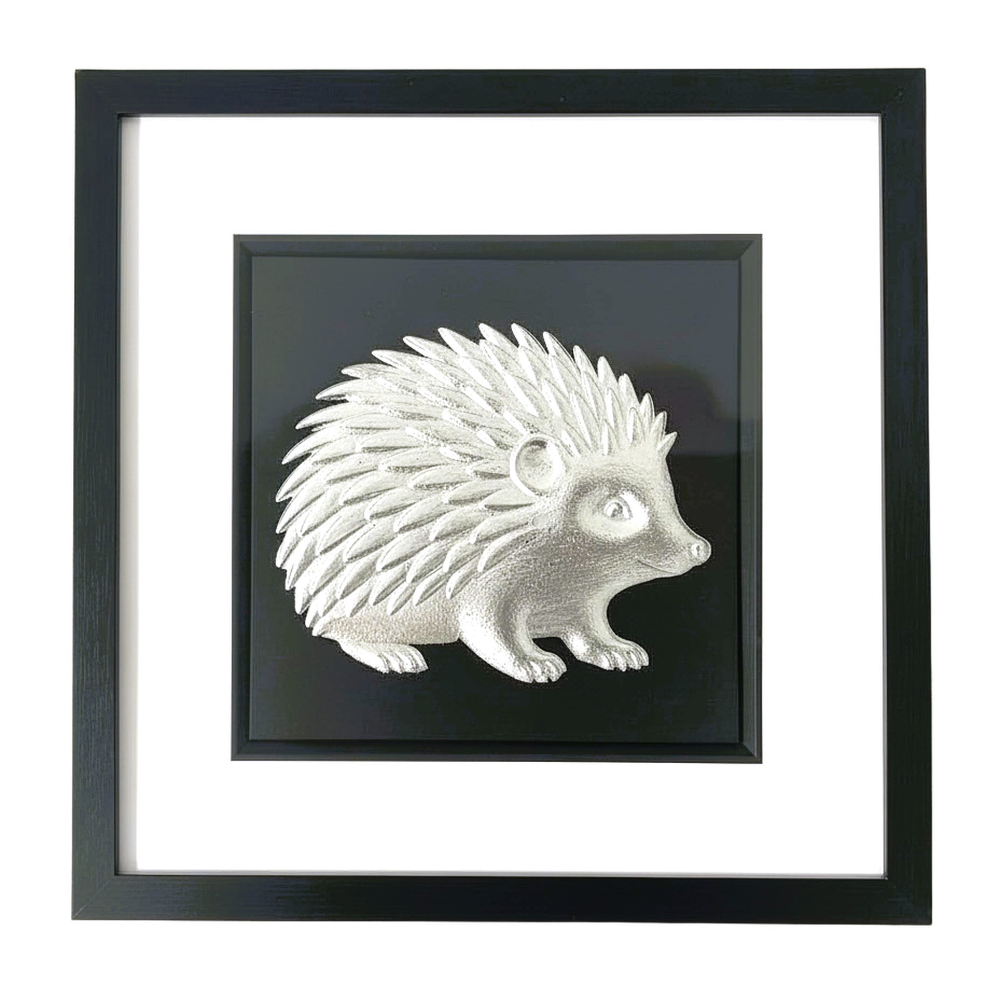 Front-facing silver leaf hedgehog wall art with black background and white mount