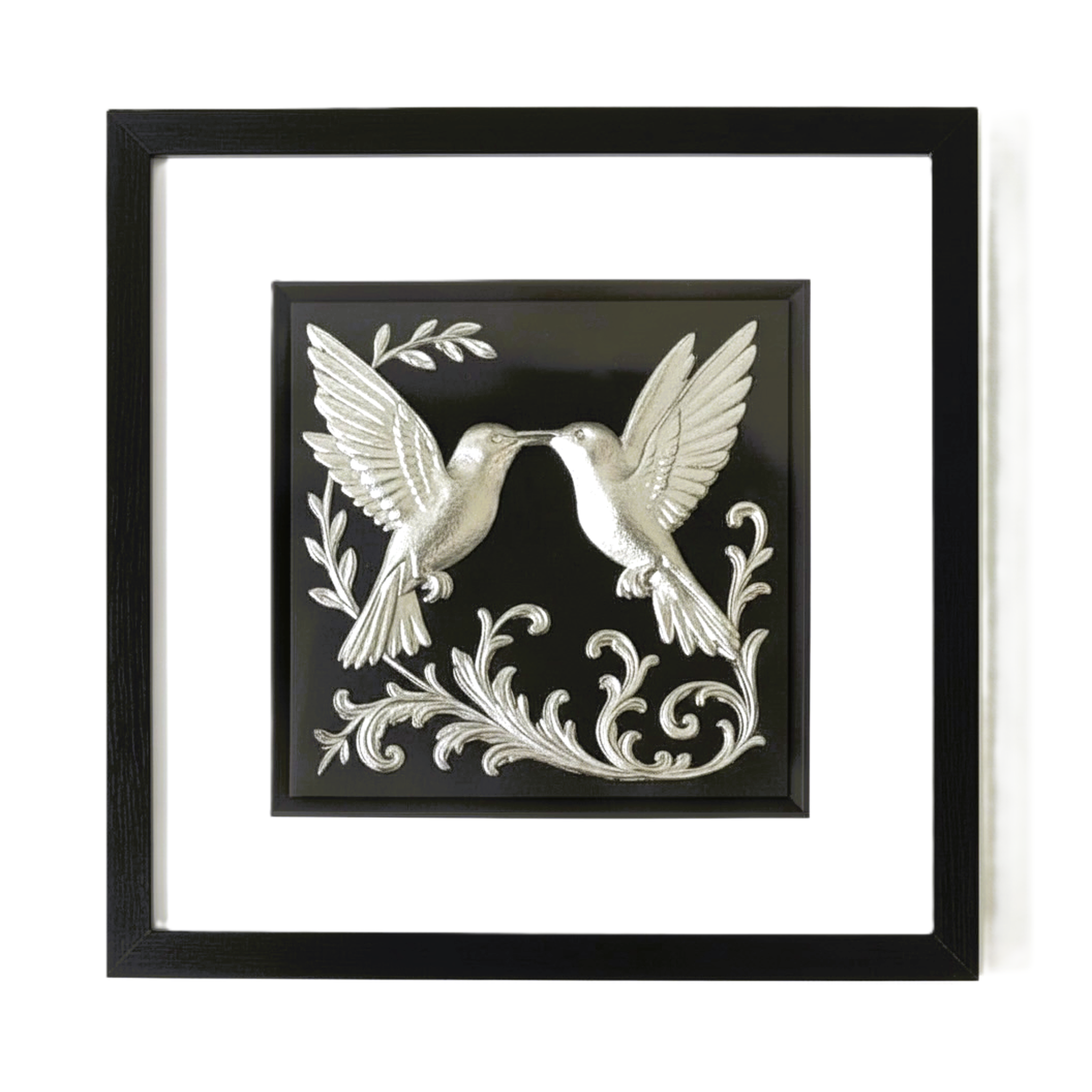 Front-facing silver leaf kissing hummingbirds wall art with black background and white mount