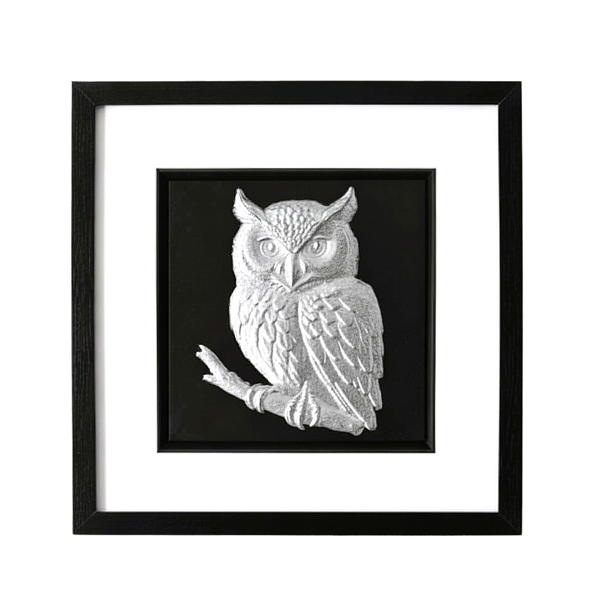 Front-facing silver leaf owl wall art with black background and white mount