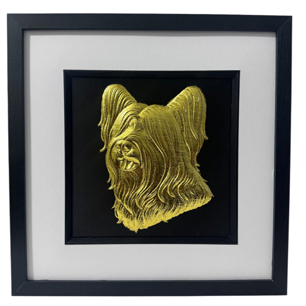 Skye Terrier gold leaf framed wall art shown front on with black wooden frame white mount and black background