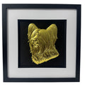 Skye Terrier gold leaf framed wall art shown front on with black wooden frame white mount and black background