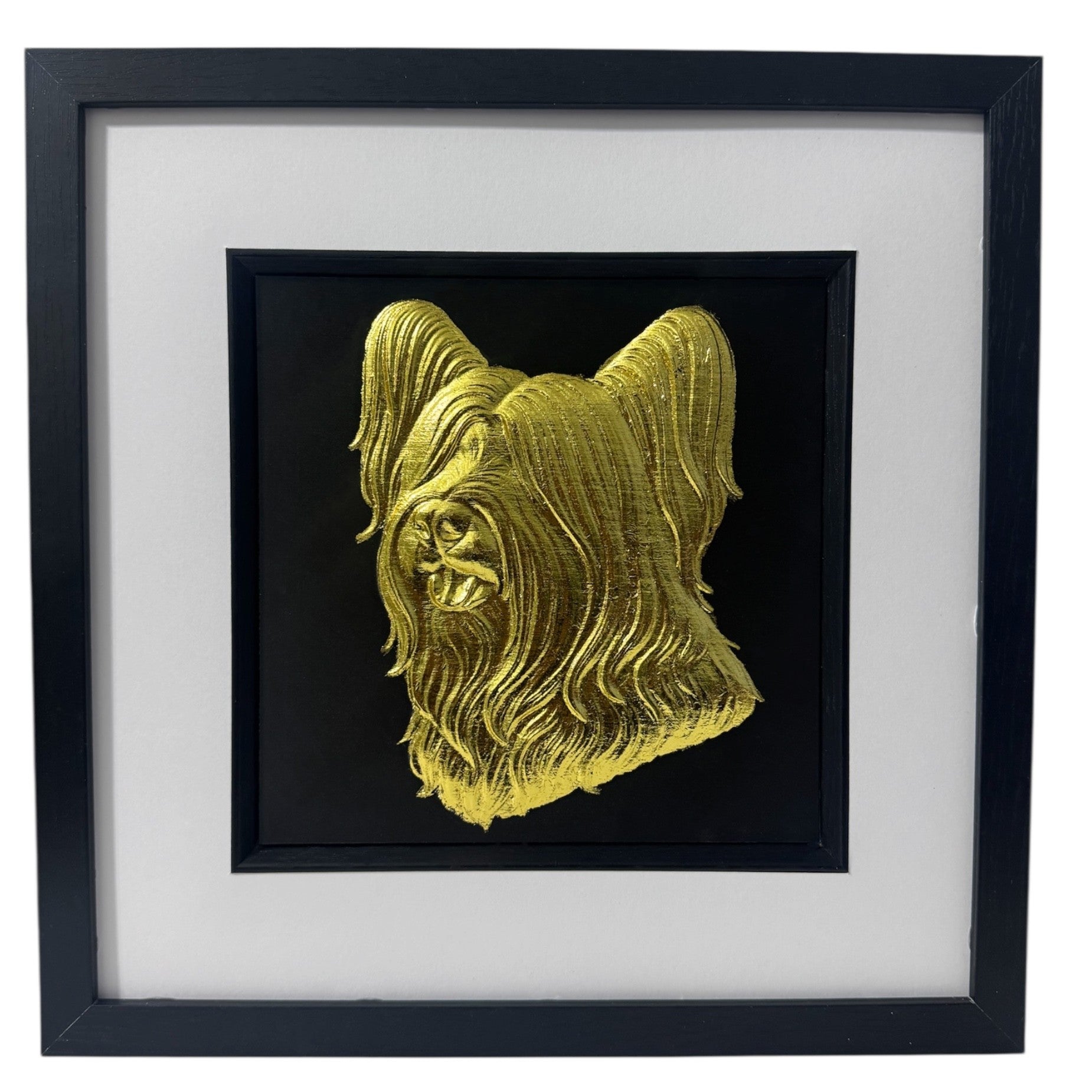 Skye Terrier gold leaf framed wall art shown front on with black wooden frame white mount and black background