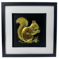 Red squirrel 3D wall art in gold leaf, framed in a black wooden frame with white mount on a black background.