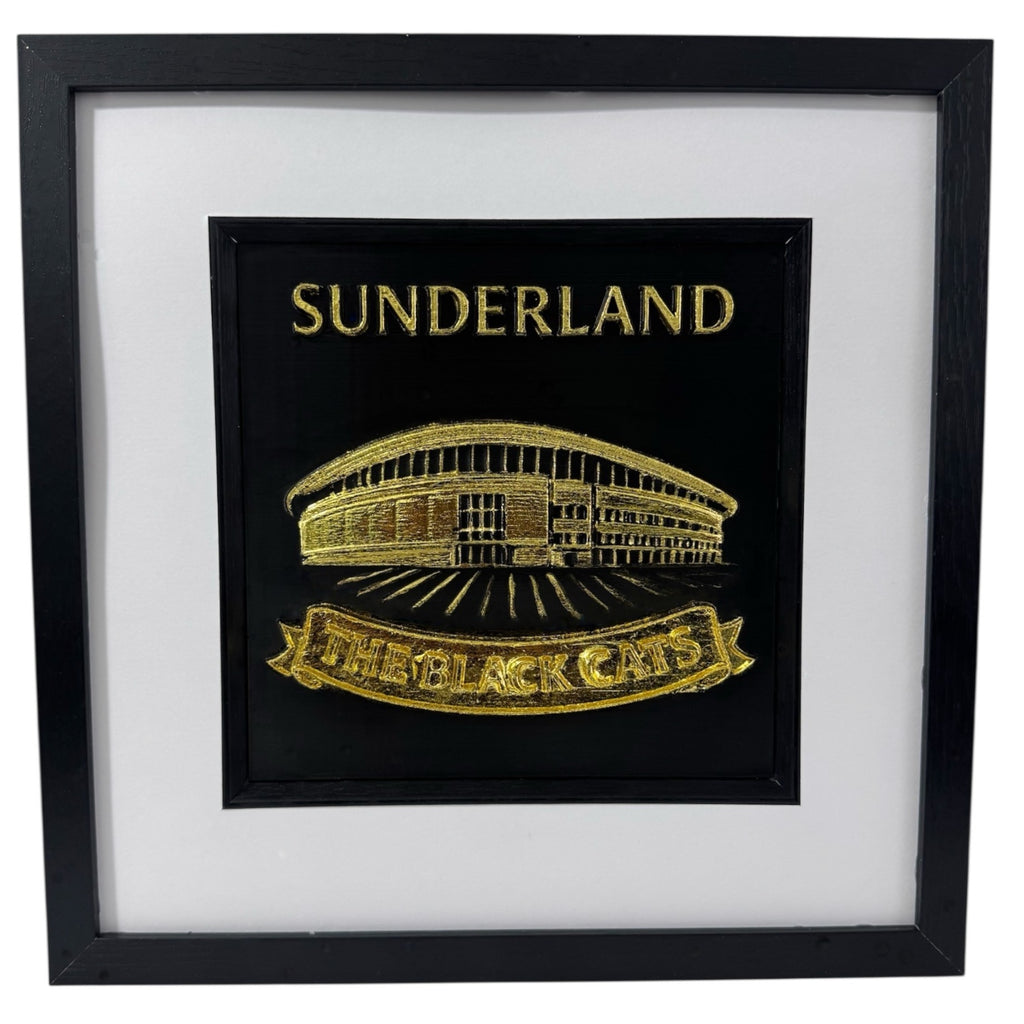 Sunderland wall art framed in gold leaf relief, square black frame with white mount and inner black surround, front facing product photo.