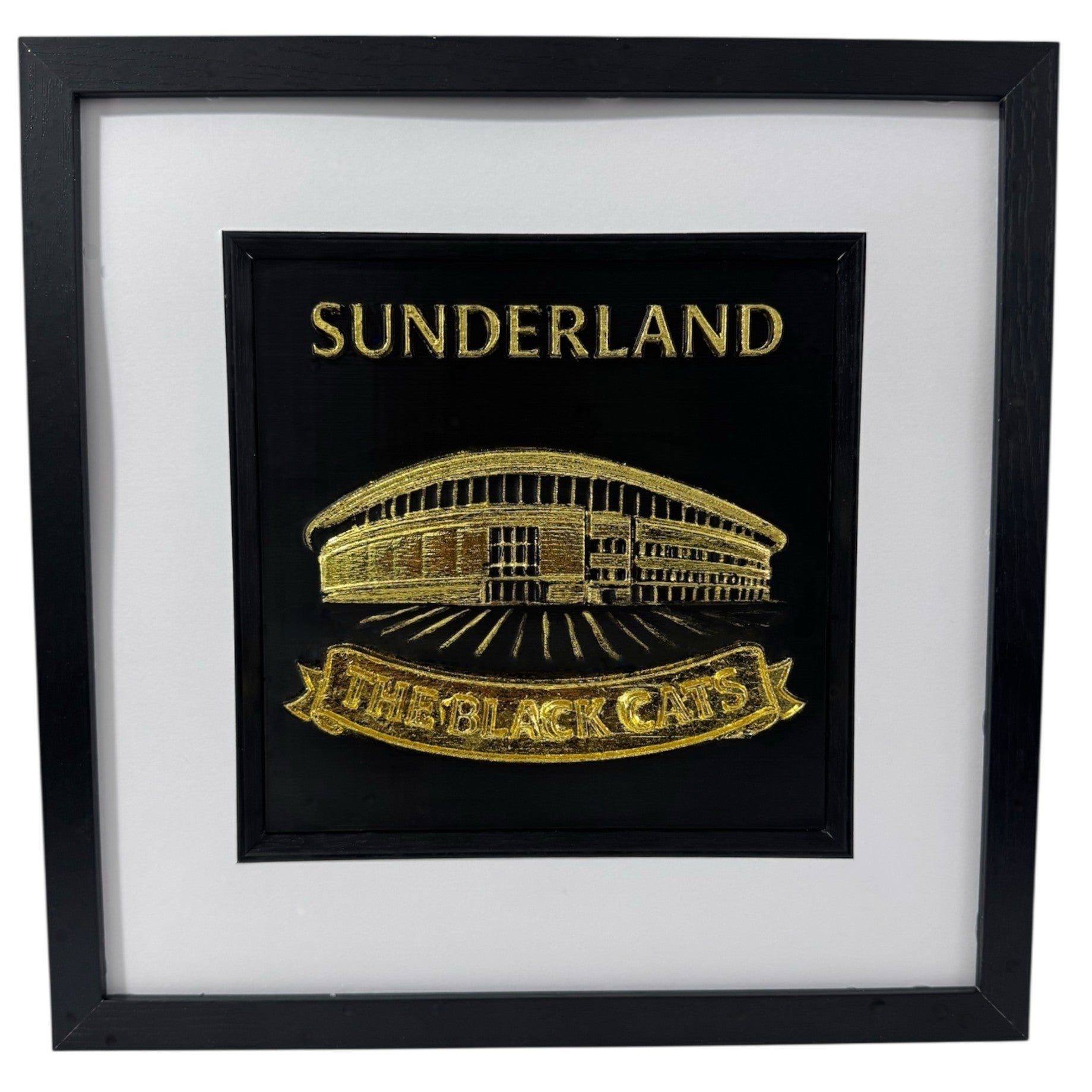 Sunderland wall art framed in gold leaf relief, square black frame with white mount and inner black surround, front facing product photo.