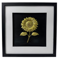 Gold Leaf sunflower 3D relief artwork in a square black box frame with white mount and inner black surround, front view on white background