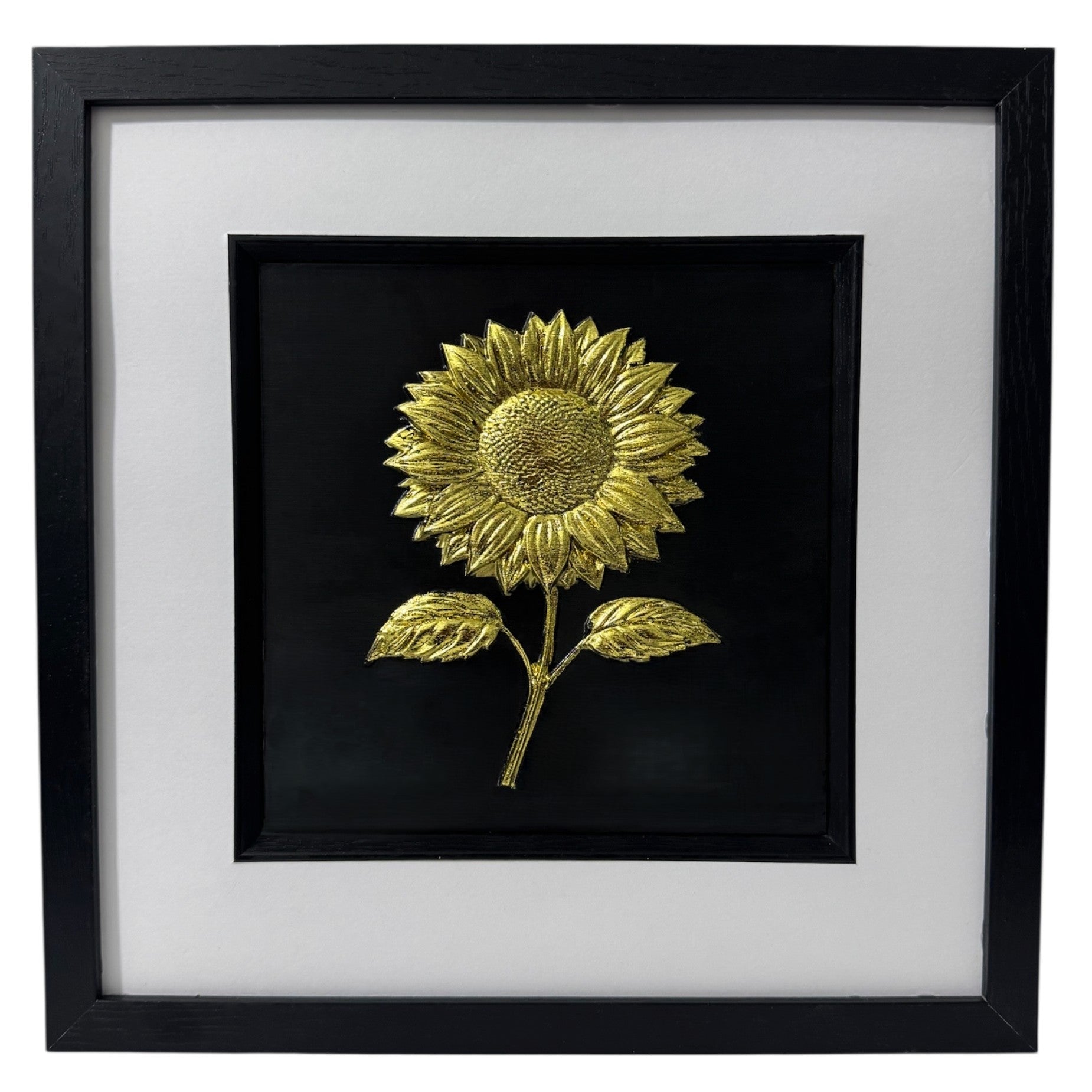 Gold Leaf sunflower 3D relief artwork in a square black box frame with white mount and inner black surround, front view on white background