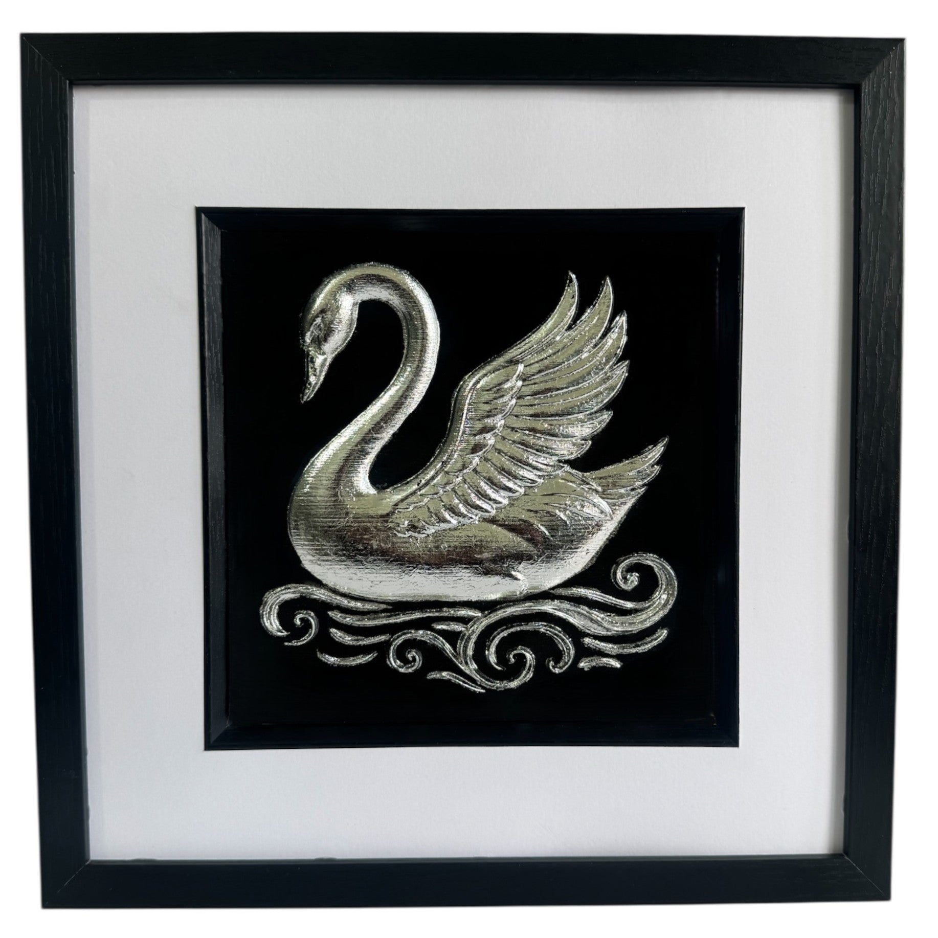 Swan silver leaf wall art framed in black with white mount