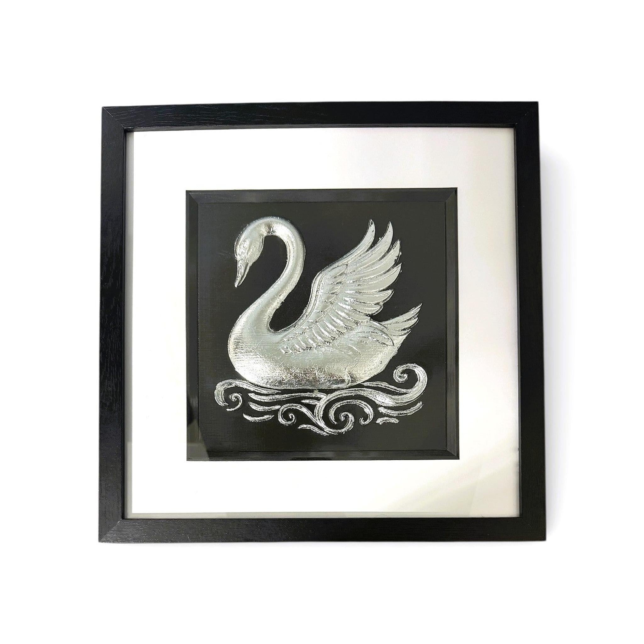 Swan silver leaf wall art framed in black with white mount