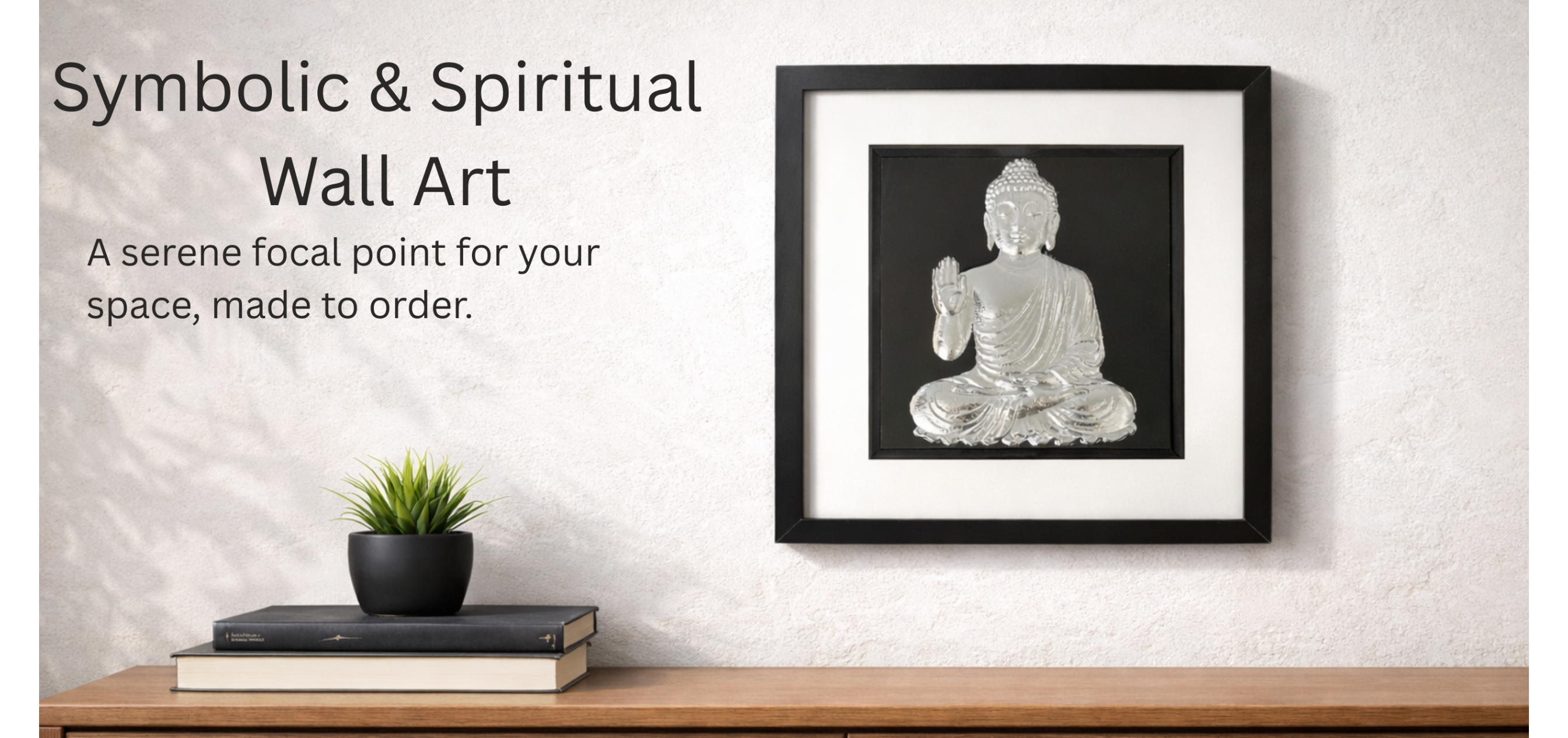 Hero banner for JP Designs Symbolic & Spiritual Wall Art collection showing a framed silver Buddha wall art on a light textured plaster wall above a warm wood console with stacked books and a small plant, with overlay text and soft natural light.